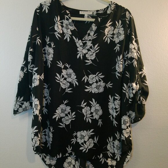 Floral Print Blouse Chaus Black White 3/4 Sleeve Size 1X - Picture 1 of 7